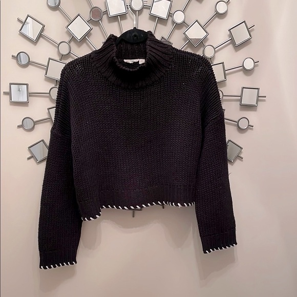 Black Cowl Neck Cropped Sweater with Cream Trim - Picture 1 of 6